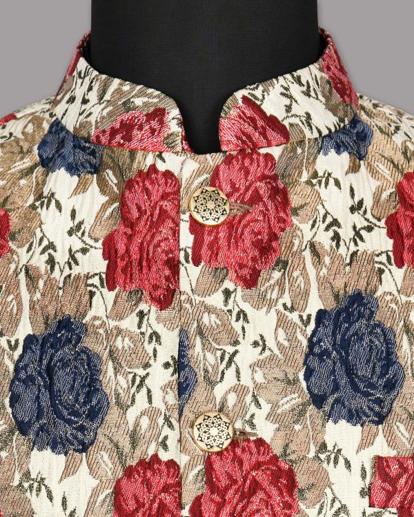 Cream with Red and Blue Flowers Jacquard Designer Nehru Jacket Sale - Image 4