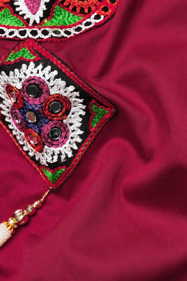 Vivid Auburn Red Multicolour Kutch Work Patches with Mirror Work Subtle Sheen Super Soft Premium Cotton Designer Kurta Set Hot on Sale - Image 3