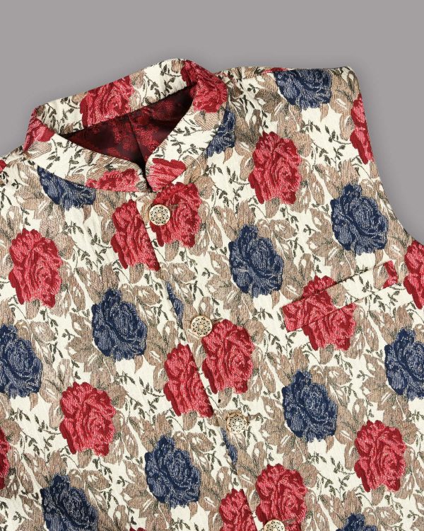 Cream with Red and Blue Flowers Jacquard Designer Nehru Jacket Sale - Image 2