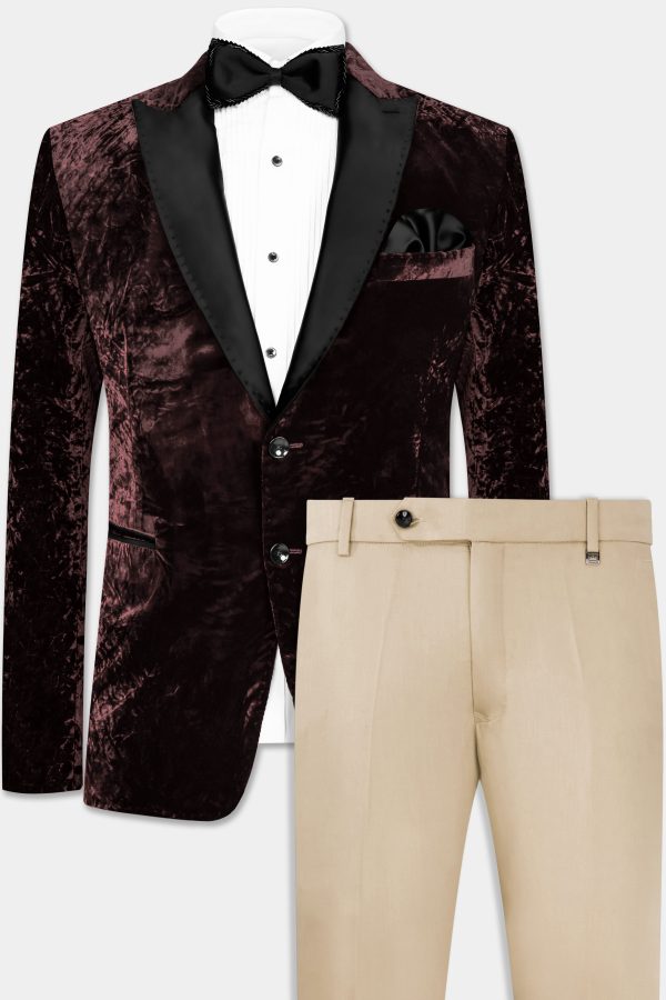 Asphalt Brown Crushed Velvet Peak Lapel Tuxedo Suit For Discount - Image 2