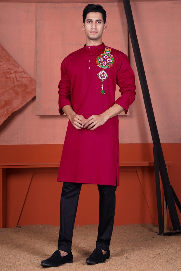 Vivid Auburn Red Multicolour Kutch Work Patches with Mirror Work Subtle Sheen Super Soft Premium Cotton Designer Kurta Set Hot on Sale - Image 2