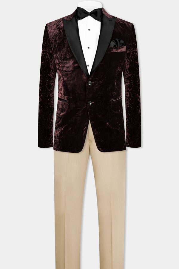 Asphalt Brown Crushed Velvet Peak Lapel Tuxedo Suit For Discount - Image 5