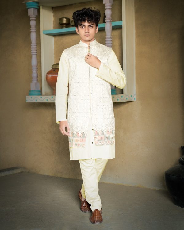 Mercury Off White and Embroider Nehru Long Jacket With Kurta Pajama Set Discount - Image 2