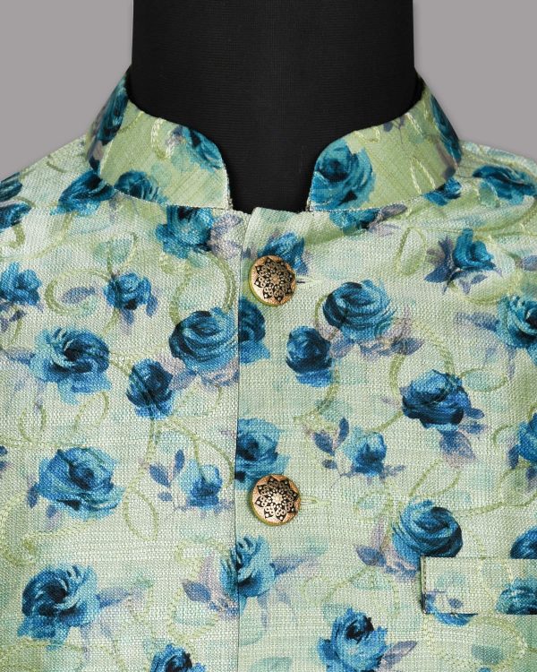 Green with Blue Flower Patterned and Jacquard Textured Designer Nehru Jacket Discount - Image 4