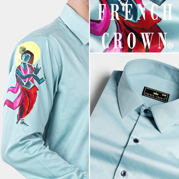 Glacier Blue Shree Krishna Painted Super Soft Premium Cotton Designer Shirt Online now