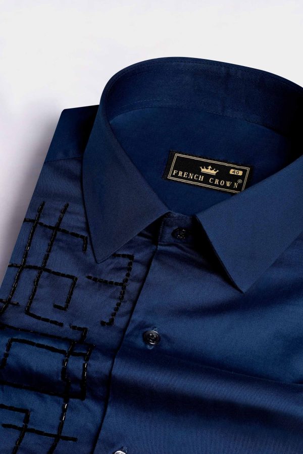 Cloud Burst Blue Moti Work Hand Stitched Subtle Sheen Super Soft Premium Cotton Designer Shirt Fashion - Image 3