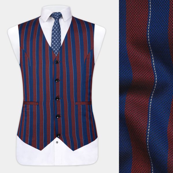 Espresso Red and Downriver Blue Striped Wool Rich Waistcoat on Sale
