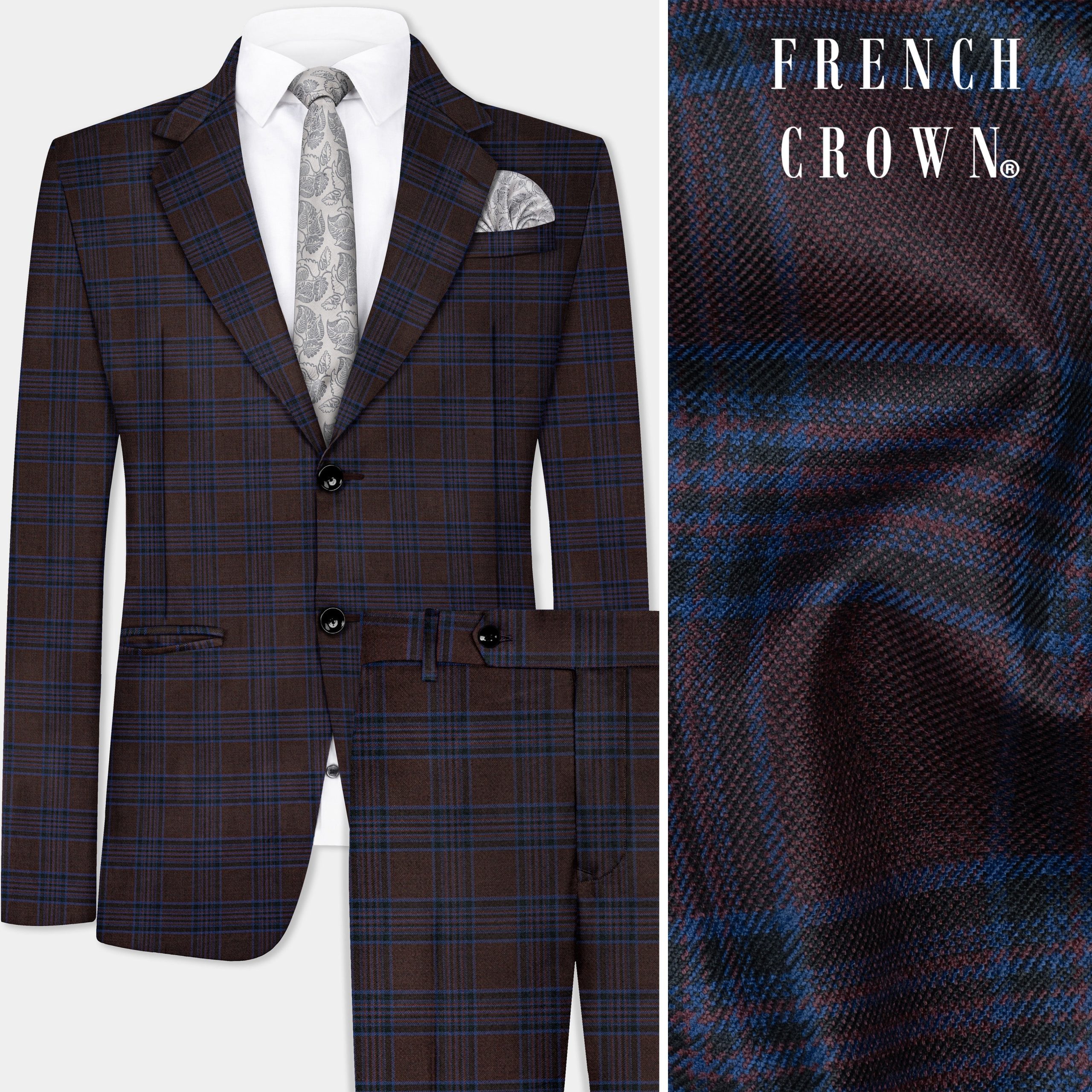 Bistre Brown with Nile Blue Plaid Wool Blend Suit Online Hot Sale
