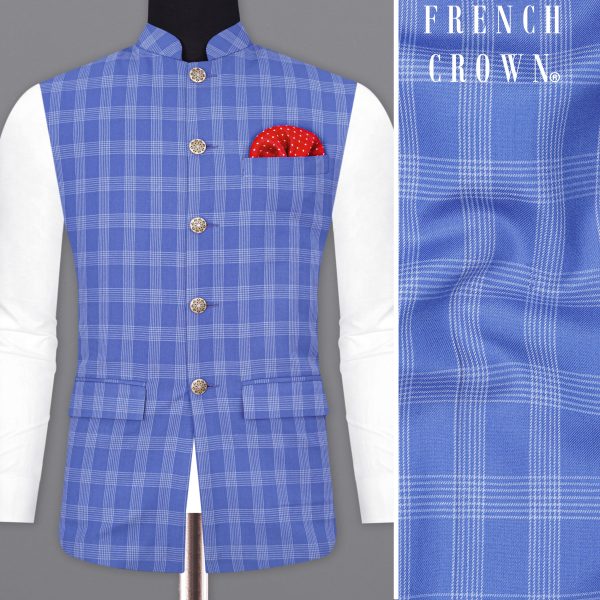 Glaucous Blue Plaid Nehru Jacket Online Hot Sale