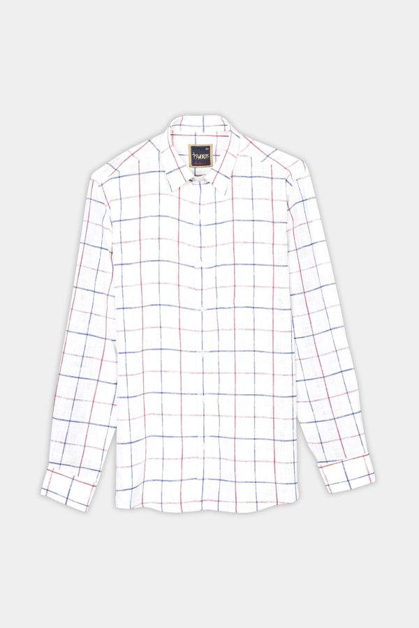7swords-Bright White with Cabaret Pink and Dusky Blue Windowpane Premium Cotton Shirt Cheap - Image 5