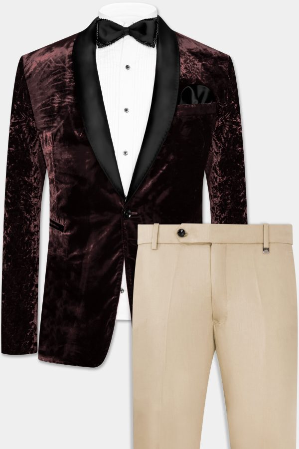Asphalt Brown Crushed Velvet Tuxedo Suit Online Hot Sale - Image 2
