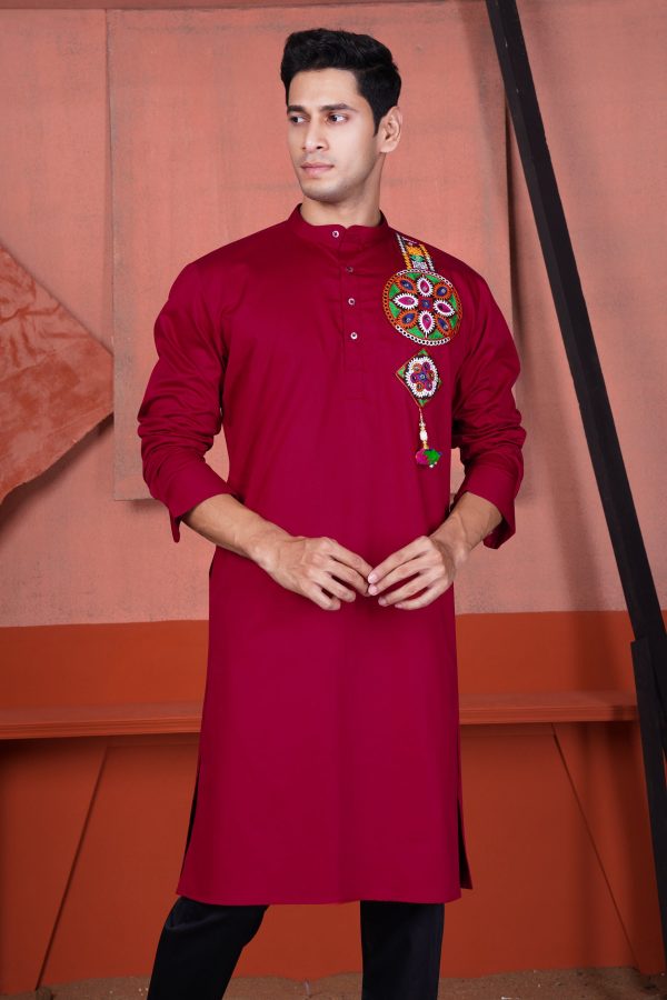 Vivid Auburn Red Multicolour Kutch Work Patches with Mirror Work Subtle Sheen Super Soft Premium Cotton Designer Kurta Set Hot on Sale - Image 5