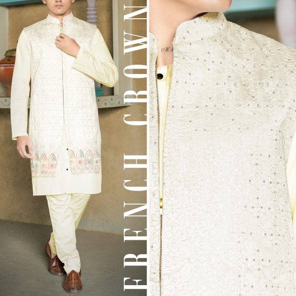 Mercury Off White and Embroider Nehru Long Jacket With Kurta Pajama Set Discount