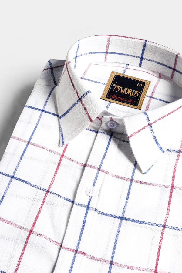 7swords-Bright White with Cabaret Pink and Dusky Blue Windowpane Premium Cotton Shirt Cheap