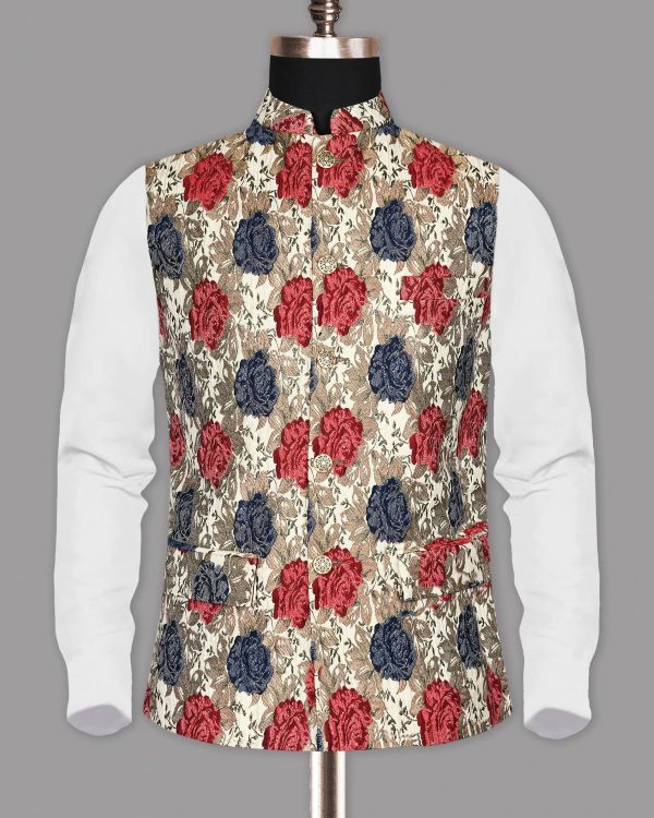 Cream with Red and Blue Flowers Jacquard Designer Nehru Jacket Sale - Image 5