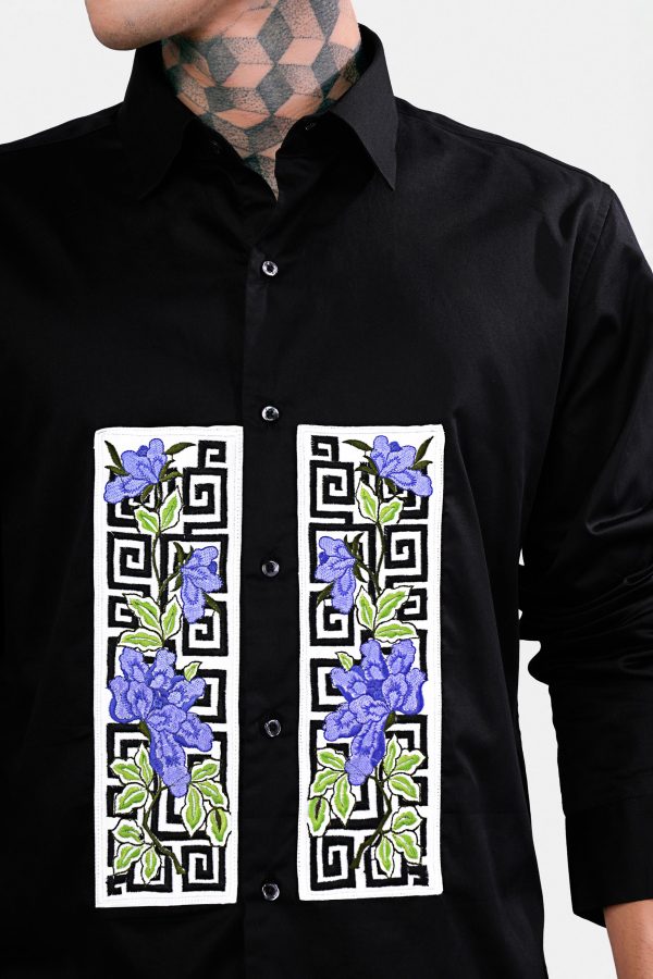 Jade Black Patchwork Subtle Sheen Super Soft Premium Cotton Designer Shirt For Sale