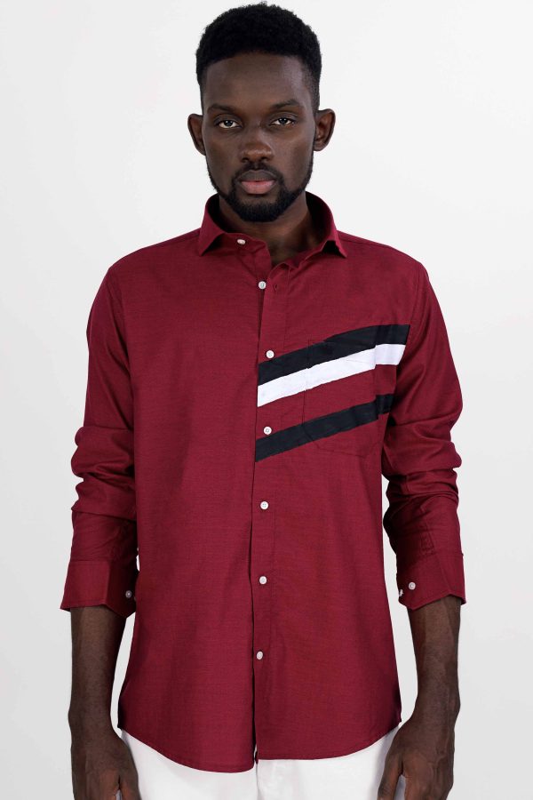 Bordeaux Maroon with Black and White Hand Painted Dobby Premium Giza Cotton Designer Shirt For Sale - Image 2
