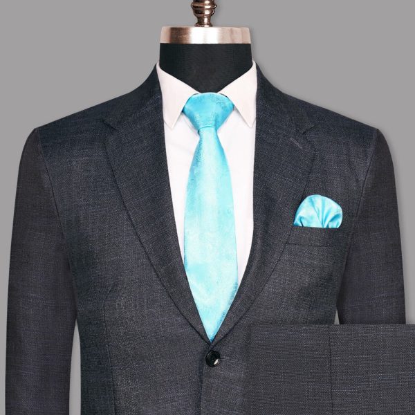 Charcoal with tonal and sky Slubbed Wool Rich Suit Fashion