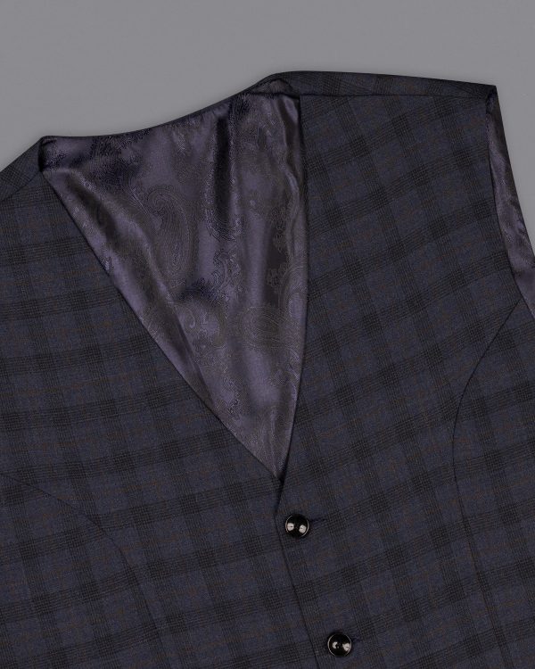 Navy Blue Plaid Wool Rich Waistcoat For Cheap - Image 4