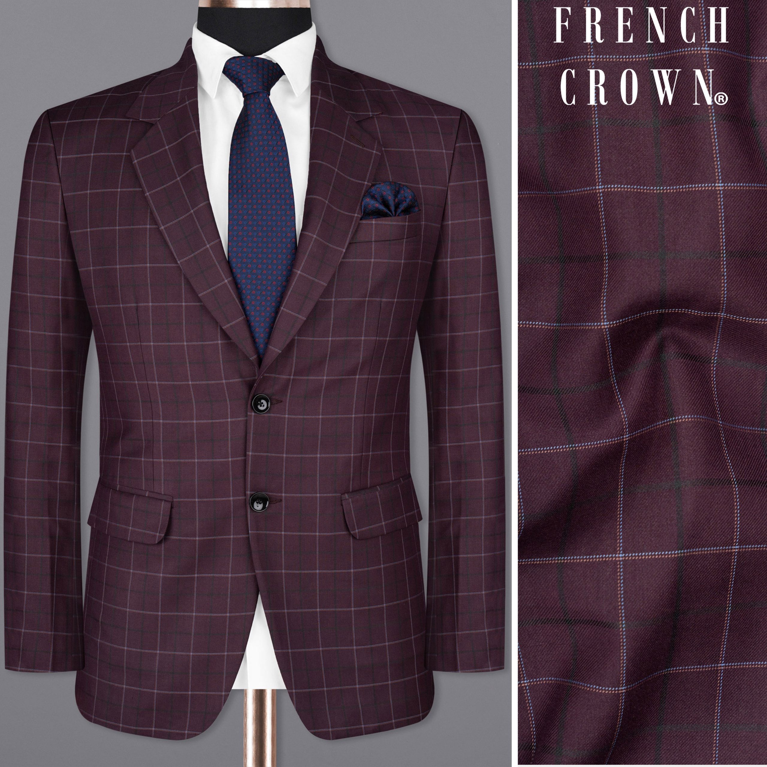 Livid Burgundy Super fine Windowpane Wool Rich Blazer Fashion