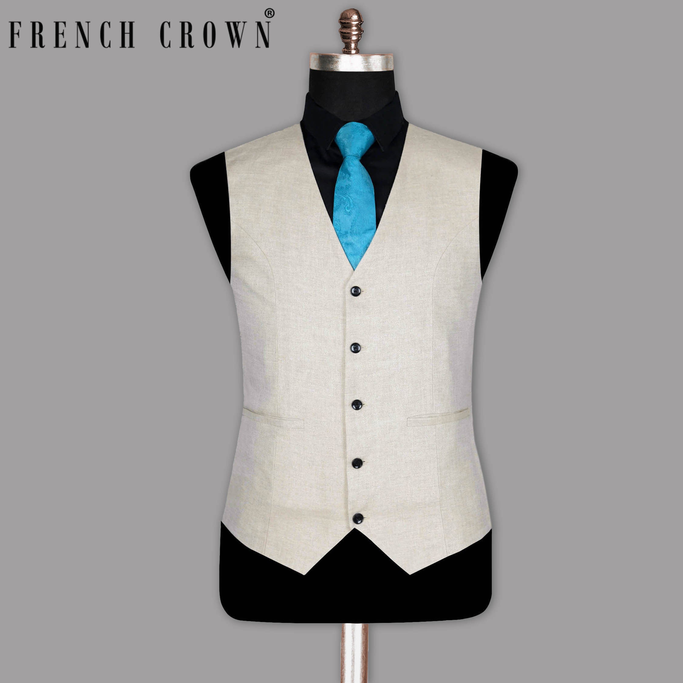 Beige Premium Herringbone Linen Waistcoat For Cheap