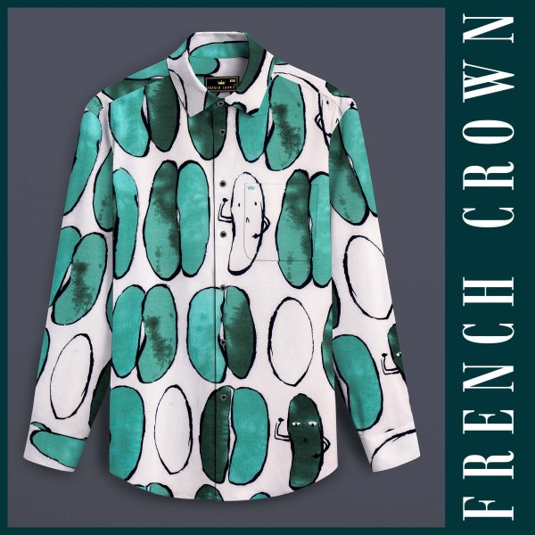 Polar Mist-Glacier Green with Bright White Printed Lightweight Premium Cotton Casual Shirt Sale