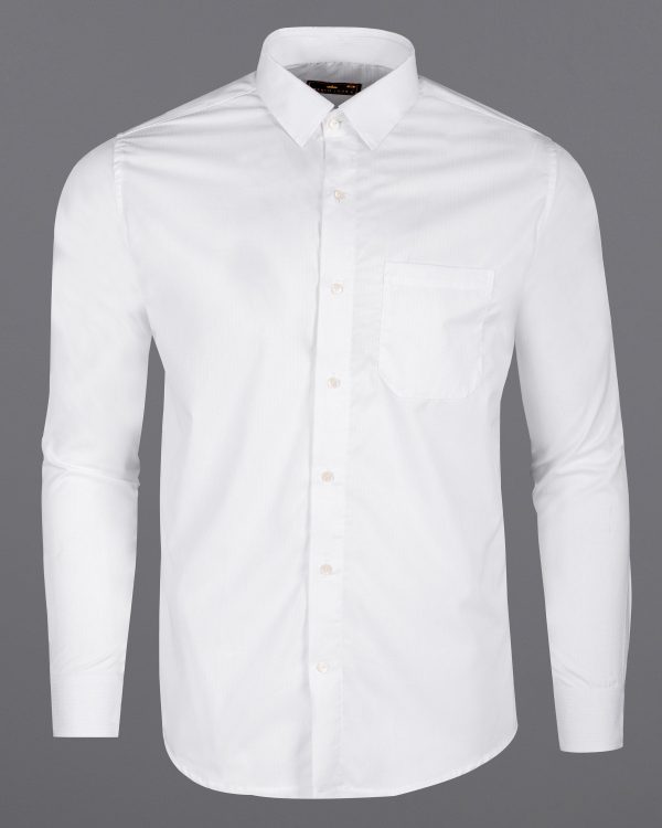Bright White Subtle Striped Dobby textured Premium Giza Cotton Shirt Cheap - Image 5