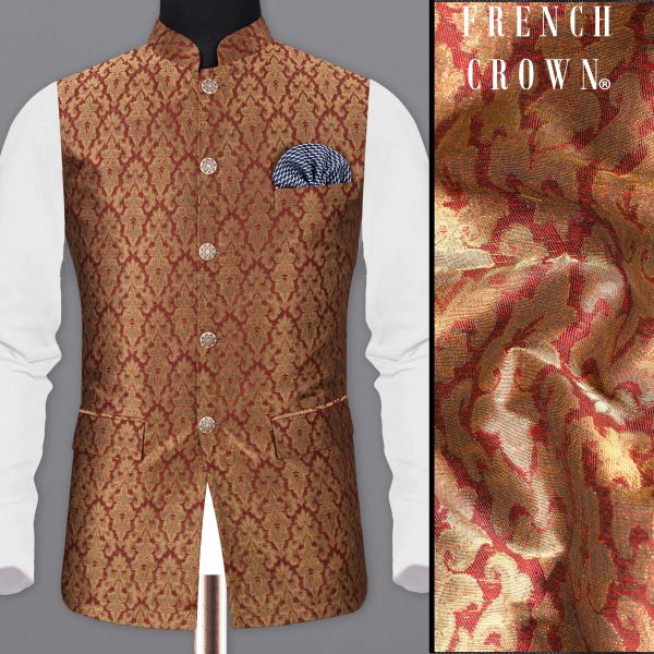 Vivid Auburm and Golden Jacquard Textured Nehru Jacket For Discount