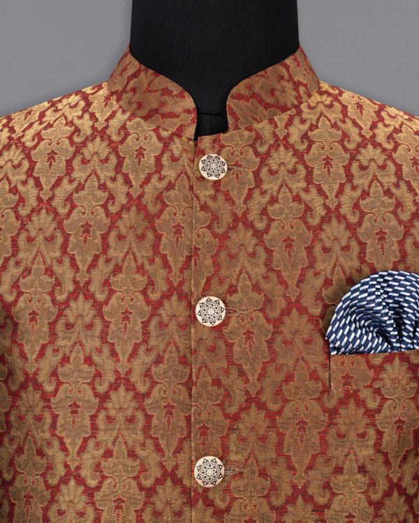 Vivid Auburm and Golden Jacquard Textured Nehru Jacket For Discount - Image 5