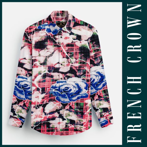 Blush Azure-Merino Peach with Tory Blue Rose Printed Lightweight Premium Cotton Multicolor Casual Shirt For Sale