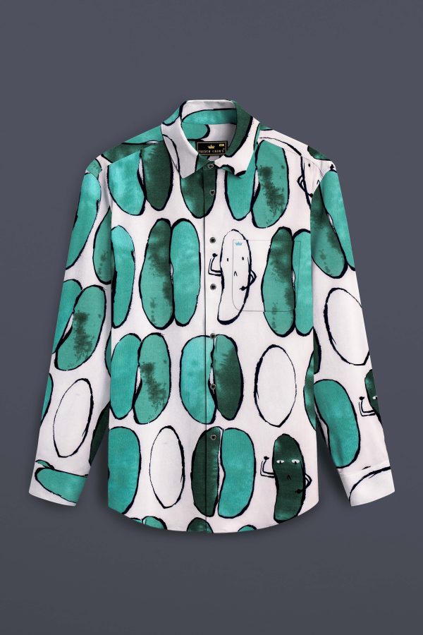 Polar Mist-Glacier Green with Bright White Printed Lightweight Premium Cotton Casual Shirt Sale - Image 2