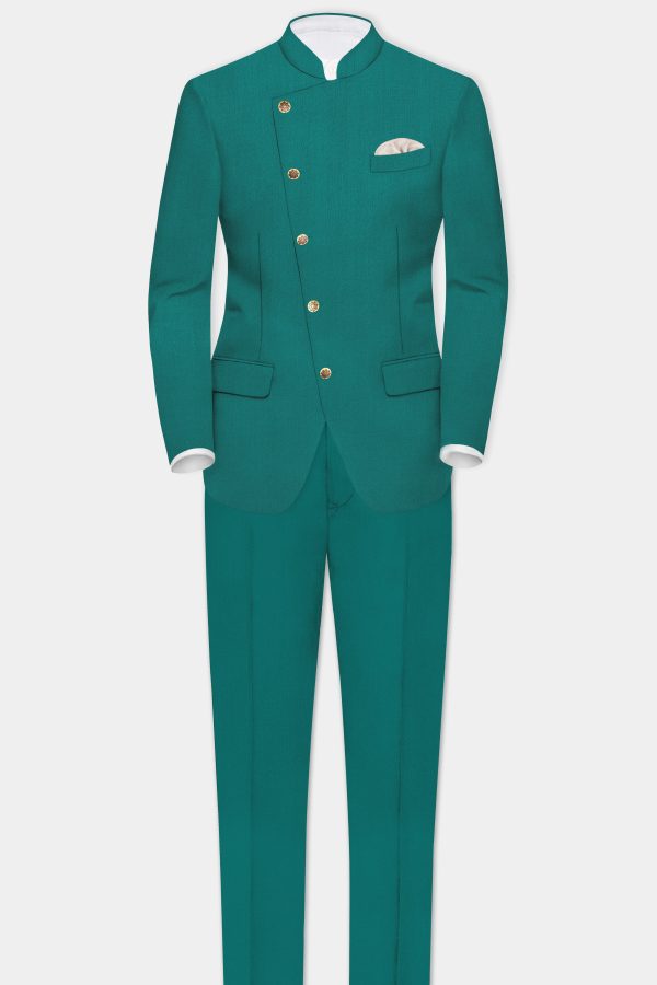 Verdant Classic-Surfie Green Solid Wool Rich Cross Placket Bandhgala Suit Online Sale - Image 4