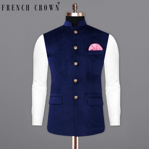 Downriver Navy Blue Velvet Designer Nehru Jacket For Sale