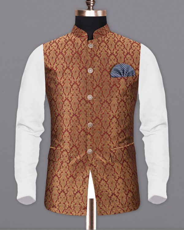 Vivid Auburm and Golden Jacquard Textured Nehru Jacket For Discount - Image 2