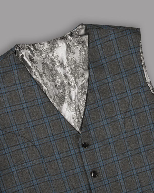 Ash Grey with Sky Checked Tweed Wool Blend Waistcoat For Cheap - Image 2