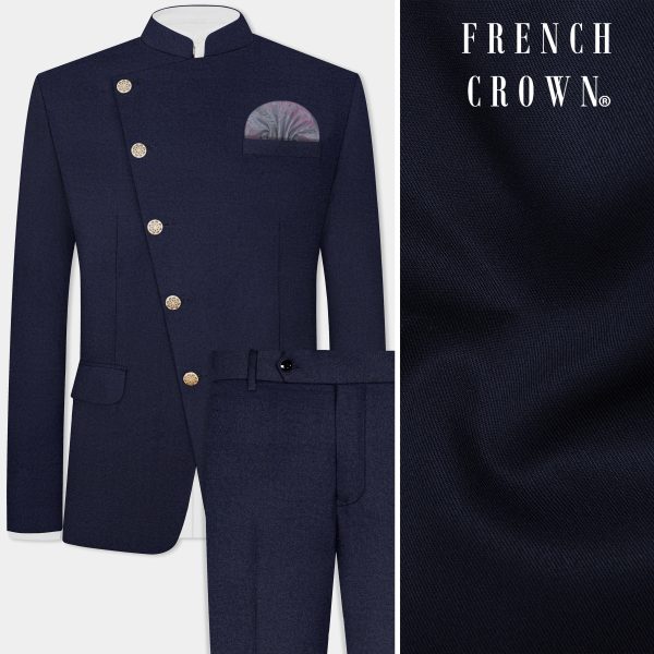 Thunder Blue Solid Wool Blend Cross Placket Bandhgala Suit on Sale