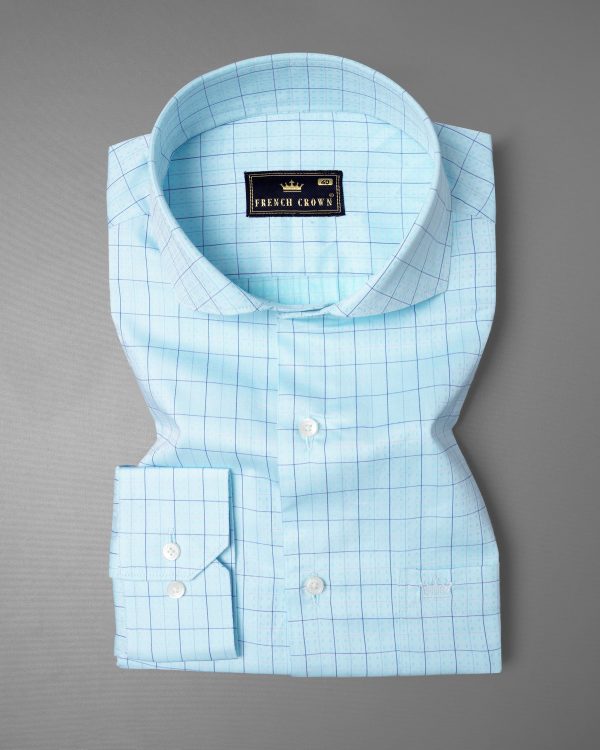 Aqua Blue windowpane with Diamond Dobby Textured Premium Giza Cotton Shirt Discount - Image 3