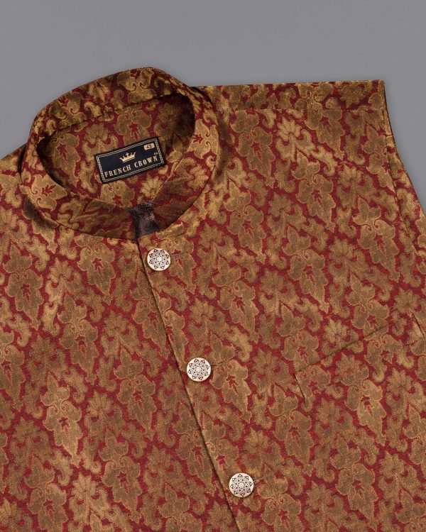 Vivid Auburm and Golden Jacquard Textured Nehru Jacket For Discount - Image 4