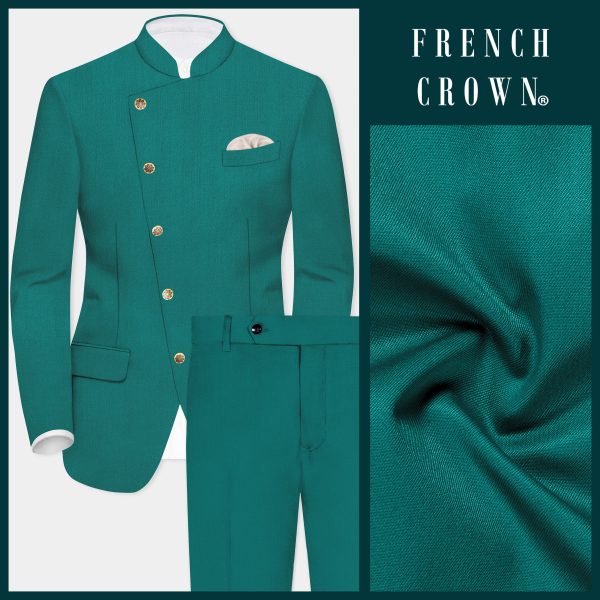 Verdant Classic-Surfie Green Solid Wool Rich Cross Placket Bandhgala Suit Online Sale